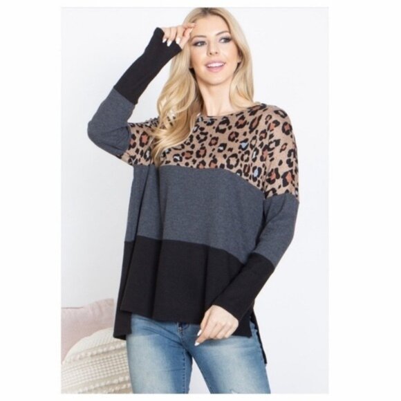 Animal Print Colorblock Long Sleeve Knit Top Womens Casual Loose Fit-NEW - Picture 2 of 7
